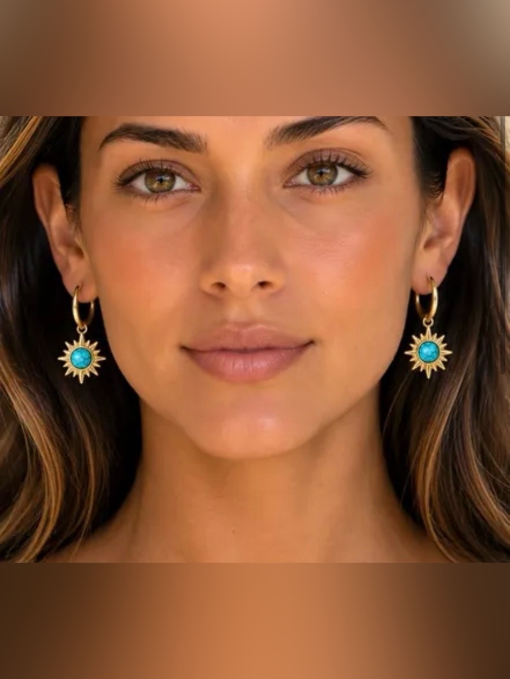 Gold Sunburst Hoop Earrings with Turquoise Center - Women Jewelry